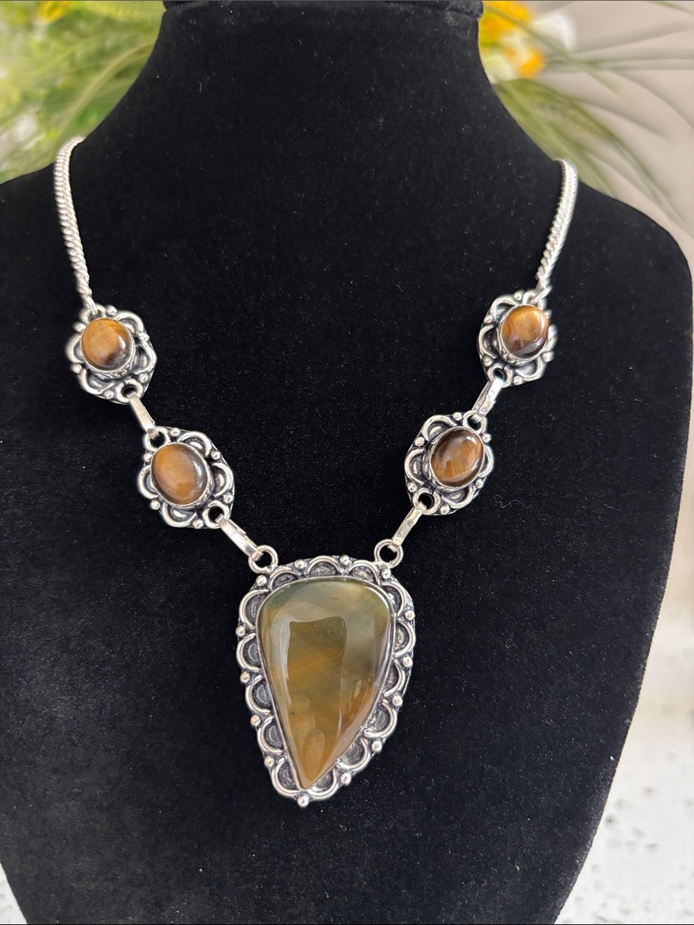 Handcrafted Silver-Tone Brown Tiger's Eye Statement Necklace